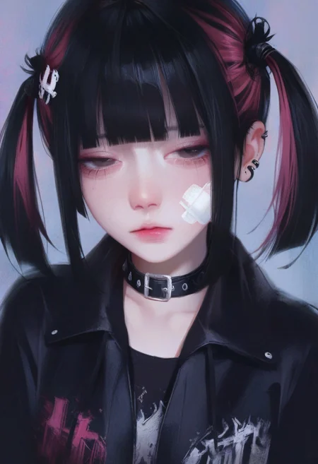 watercolor, lldn, detailed drawing, 1girl, solo, twintails, bandaid, bangs, jacket, bandaid on face, collar, piercing, upper body, blunt bangs, hair ornament, looking at viewer, jewelry, ear piercing, black hair, multicolored hair, half-closed eyes
