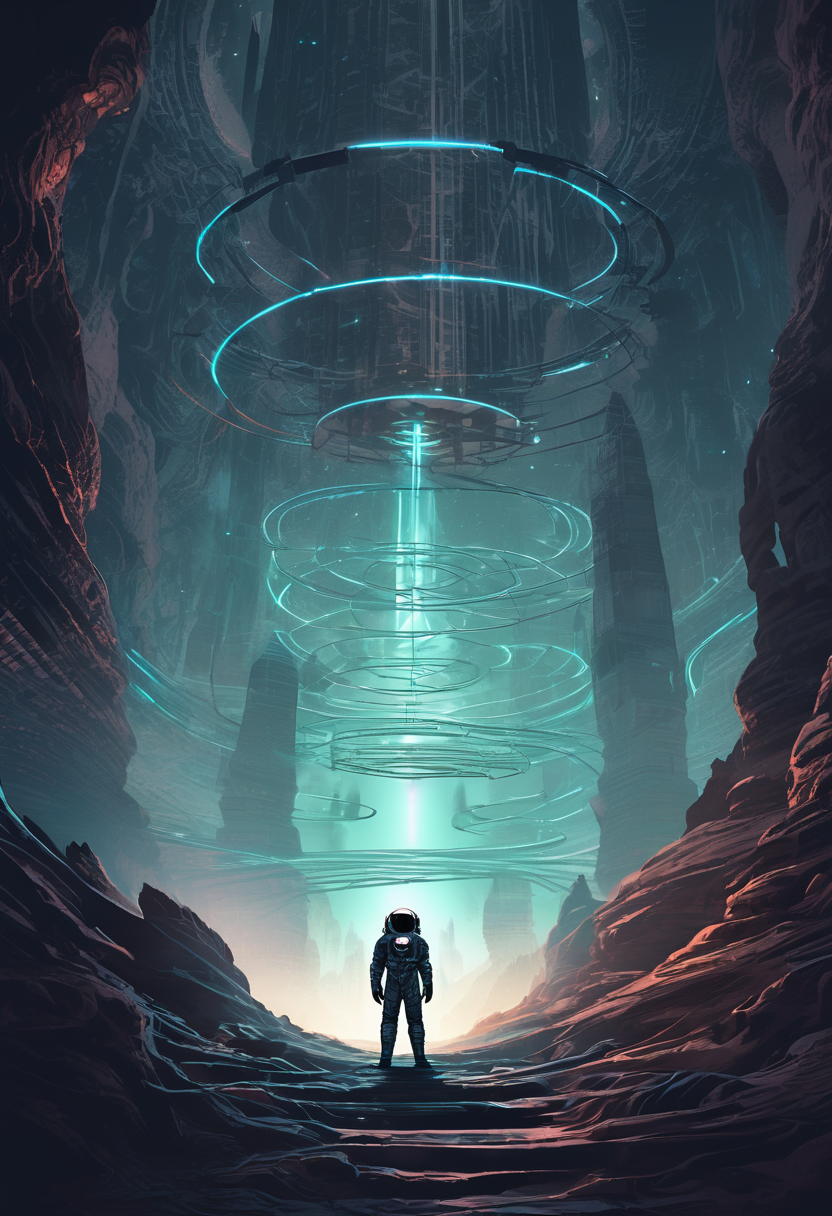 concept art An eerie depiction of an astronaut exploring the labyrinthine passages of an ancient alien edifice on a distant, desolate planet. The uncanny architecture, bathed in an alien glow, suggests an intelligence far removed from human understanding . digital artwork, illustrative, painterly, matte painting, highly detailed