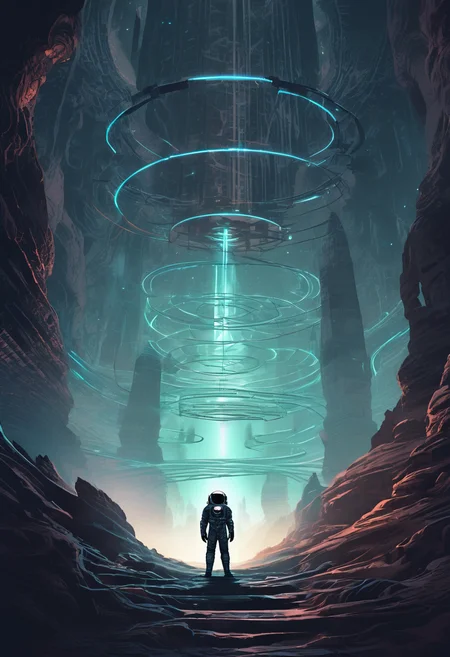 concept art An eerie depiction of an astronaut exploring the labyrinthine passages of an ancient alien edifice on a distant, desolate planet. The uncanny architecture, bathed in an alien glow, suggests an intelligence far removed from human understanding . digital artwork, illustrative, painterly, matte painting, highly detailed