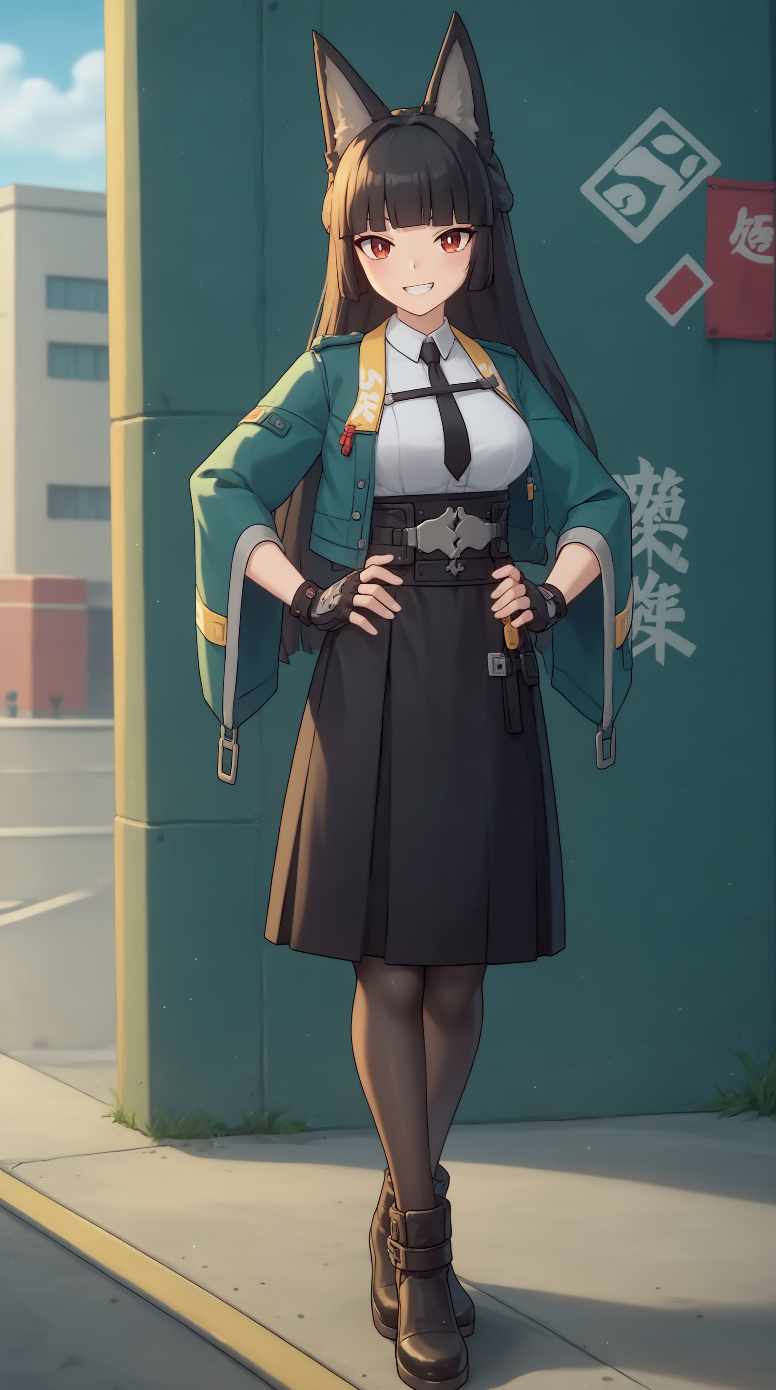score_9, score_8_up, score_7_up, best background, detailed background, 4k, upscale, anime_source  Hoshimi Miyabi, Main Outfit, solo, looking at viewer, smile, holding, closed mouth, standing, full body, hands on hips, grin, outdoors,   <lora:JN_Hoshimi_Miyabi_Pony:0.8>