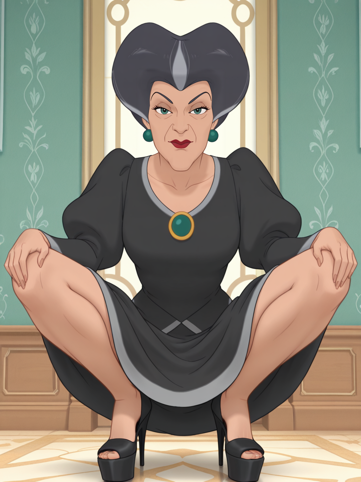 <lora:Lady_TremaineIL:0.9> l_tr, 1girl,green eyes, gray hair, high heart-shaped pompadour hair, hooked nose, creases on down eyes, red lips,  orb-shaped earrings,old woman,
looking at viewer, squatting, front view, spreading legs, platform high heels