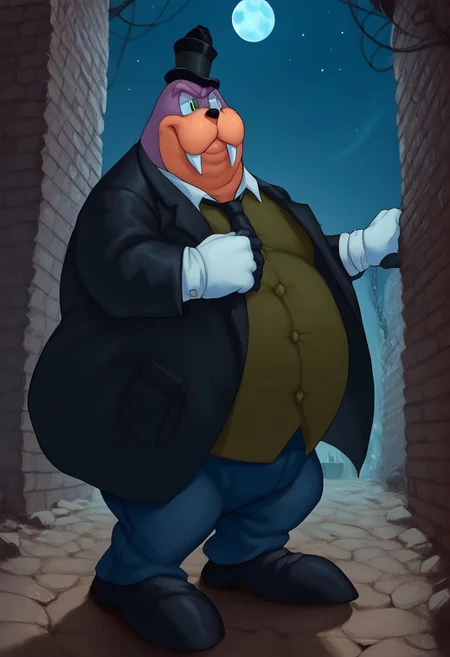 score_9, score_8_up, score_7_up, sfw, rotund, furry male, Rotor the walrus as mr walrus, with large mustache, <lora:MrWalrus_PXL_Leaf1:1>, green eyes, fangs, furry,  furry anthro, alley, posing,  clothed,  walrus, fat, overweight, walrus tusks, squinting eyes, smile, solo, 1boy, male focus, <lora:pony_monocles-step00000800:1>,(monocle),round eyewear, top hat,, suit, gloves, furry male, mustache, necktie, a robber-baron wearing a monocle on a chain on his left eye, top hat, white shirt, black vest from 1900, holding a pocketwatch, standing
BREAK
city, ruins, back alley, outside, night, moon, stars, ambient light,