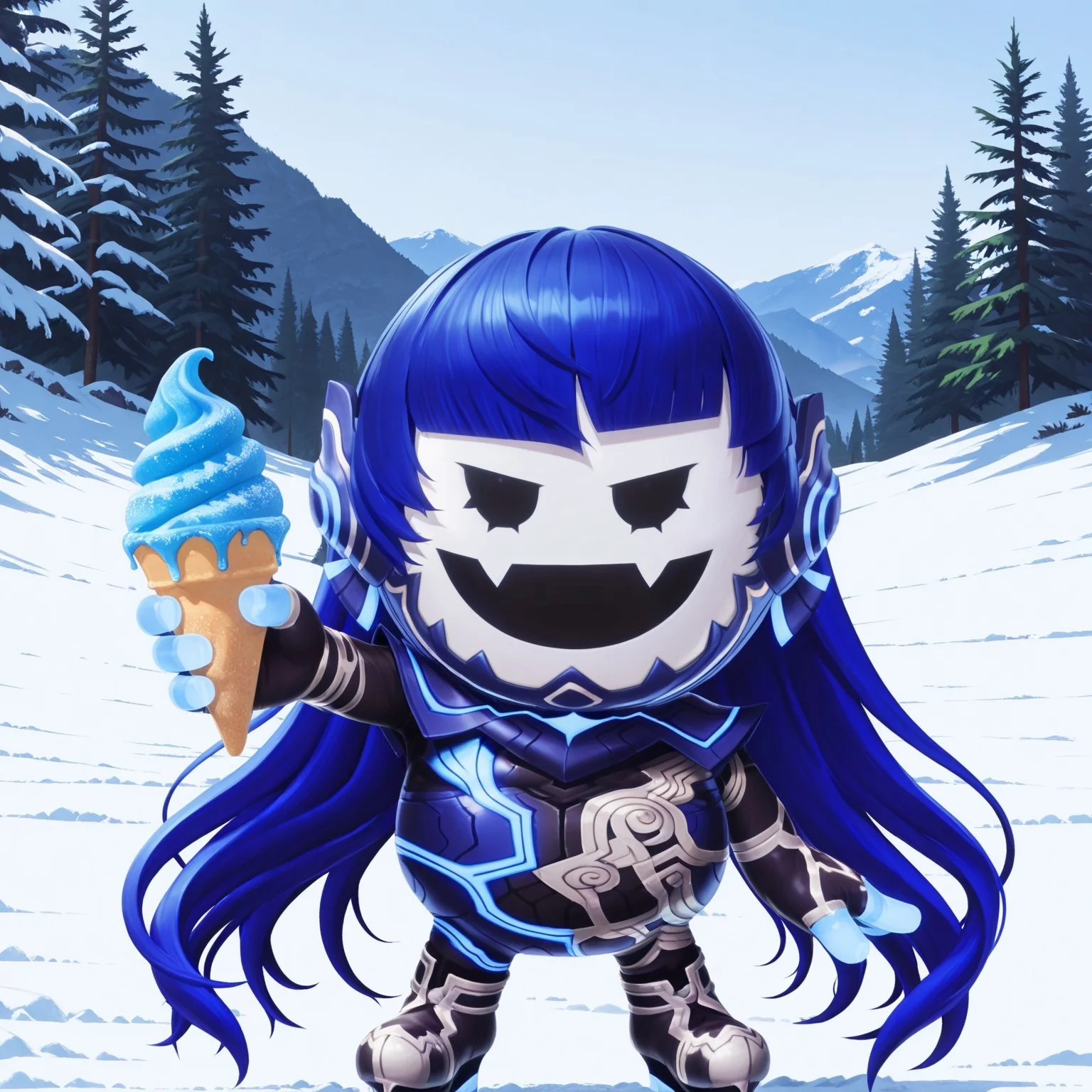 uncensored, masterpiece, best quality, highly detailed, realistic, solo, Nahobeeho, humanoid, ambiguous gender, blue hair, very long hair, hime cut, black eyes, mob face, flesh fangs, white body, white skin, blue bodysuit, multicolored bodysuit, full body suit, blue fingers, smile, open mouth, standing, 4 fingers, mountains, snow, detailed background, holding snow cone, offering snow cone