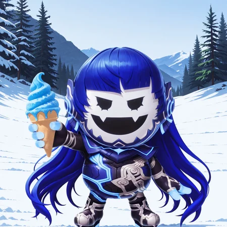 uncensored, masterpiece, best quality, highly detailed, realistic, solo, Nahobeeho, humanoid, ambiguous gender, blue hair, very long hair, hime cut, black eyes, mob face, flesh fangs, white body, white skin, blue bodysuit, multicolored bodysuit, full body suit, blue fingers, smile, open mouth, standing, 4 fingers, mountains, snow, detailed background, holding snow cone, offering snow cone