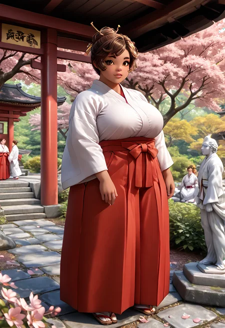 Ponyscores7, expressiveh, masterpiece, best quality, high quality, detailed, dickerchen, bedroom, detailed bedroom, eyeshd, D3monGr1llz, source_anime, eyeshd, 1girl, solo, eva_jhai, 1girl solo, dark skinned female, plump, large breasts, thick thighs, belly, short neck, thick lips, short eyebrows, short hair, brown hair, orange eyes, mole on breast, standing, mikofa, very detailed clothes, japanese shrine, cherry blossoms, cherry blossom tree, stone floorway, outdoor, forest, red japanese gates, little stone statue, detailed background, red hakama, full body