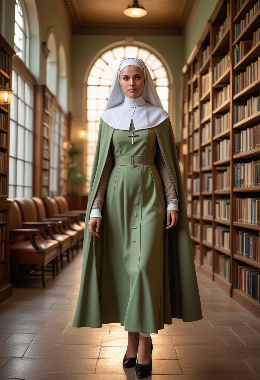 ((fashion photography)), perfect face, perfect eyes, (medium full shot) of  (sexy nun) young woman, brazilian, brown eyes, tan skin, tan skin, light brown eyes, normal, blonde hair, wearing sage green habit with a veil and long-sleeves, ankle-length skirt, white stockings, traditional nun's coif, black leather shoes, shoulder cape, set in  convent Library, Quiet sanctuary lined with floor-to-ceiling bookshelves, reading nooks with plush armchairs, a wooden study table bathed in lamplight, a rolling library ladder, and the faint scent of old books , at sunset, laughing, jumping in the air, masterpiece, best quality, photorealistic, very aesthetic