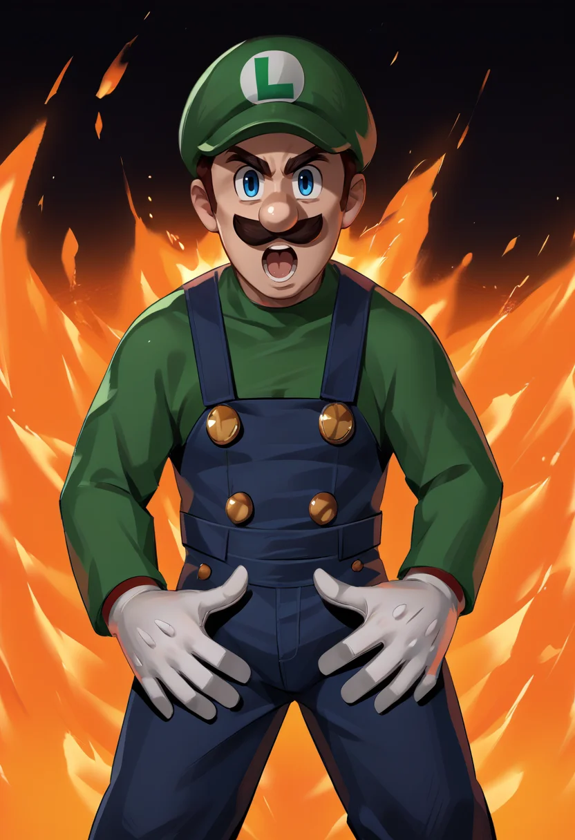 score_9, score_8_up, score_7_up, source_anime, 1boy, solo, JustDoItMeme, open mouth, looking at viewer, parody, <lora:JustDoIt_XLPD:1>, <lora:Luigi_XLPD:1> Incrsluigi, luigi, green headwear, blue overalls, white gloves, long sleeves, fire, outdoors, night, fiery background, burning building,