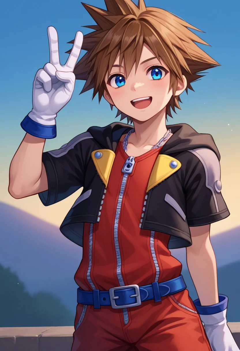 score_9, score_7_up, source_anime
sora, 1boy, male focus, solo, blue eyes, brown hair, spiked hair, default costume, short jumpsuit, red jumpsuit, jacket, cropped jacket, black jacket, hood, short sleeves, open jacket, open clotes, zipper, zipper pull tab, gloves, white gloves, belt, blue belt, v sign, smile, open mouth,
outdoor, sky,
