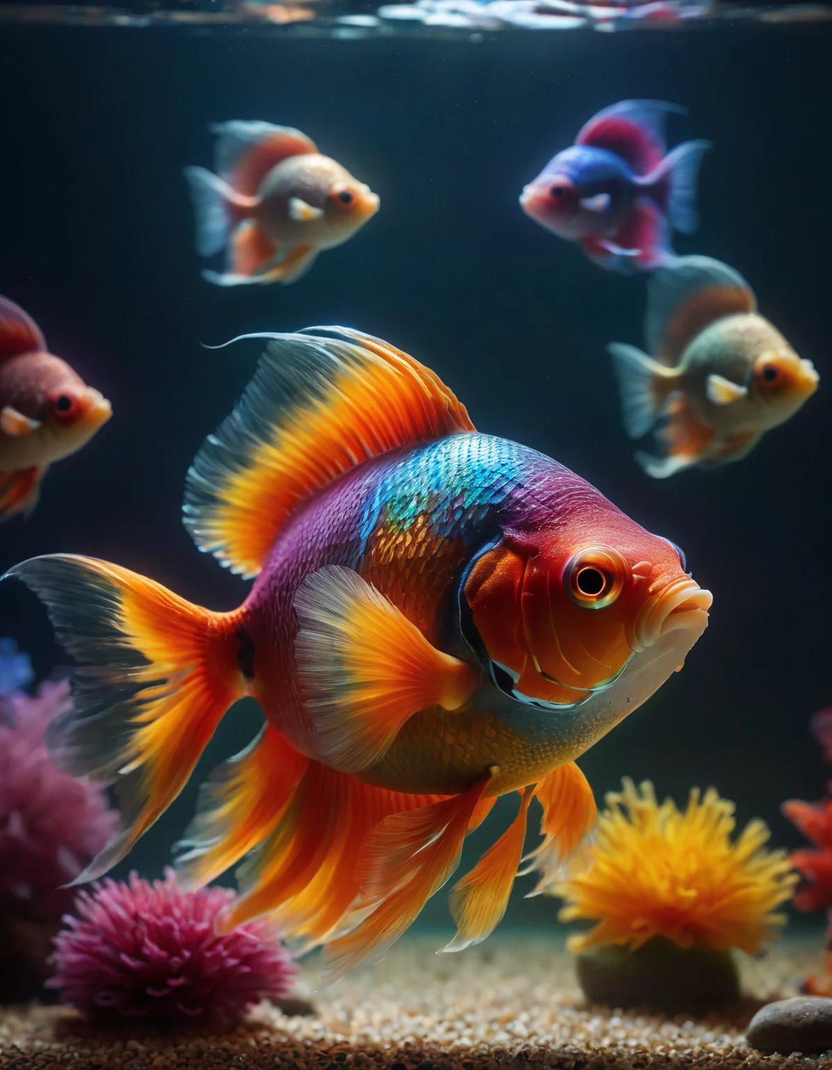 ral-chrosc-clr, photo of a goldfish in an aquarium rainbow, very detailed, 4k, uhd, masterpiece