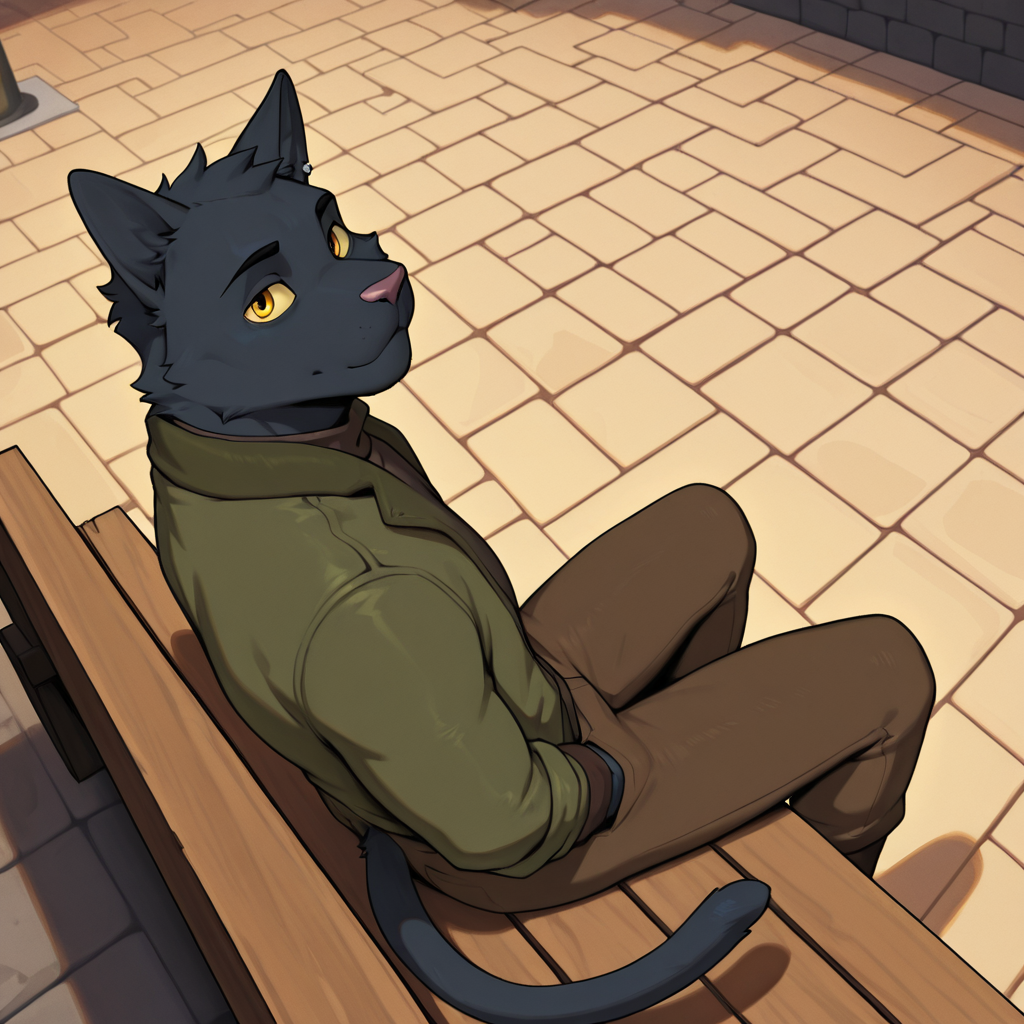 Furry, male, solo, cat, cat boy, black cat, tail, ear piercing, yellow sclera, yellow eyes, green jacket, open jacket, brown pants, sitting, bench, medieval town, street, medieval town background, looking at viewer, dynamic angle, dutch angle, dynamic pose, view from above, view from side, detailed eyes, nice eyes, masterpiece, best quality, amazing quality, very aesthetic, highres, absurdres, detailed background, tomasz <lora:Tomasz_Tyszko:1>