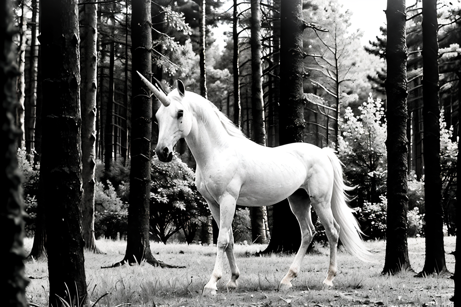 in fantasy pink forest (Realisitc:1.5) (Black and white:1.5) unicorn <lora:EdobUnicorn_v1.0:0.8>