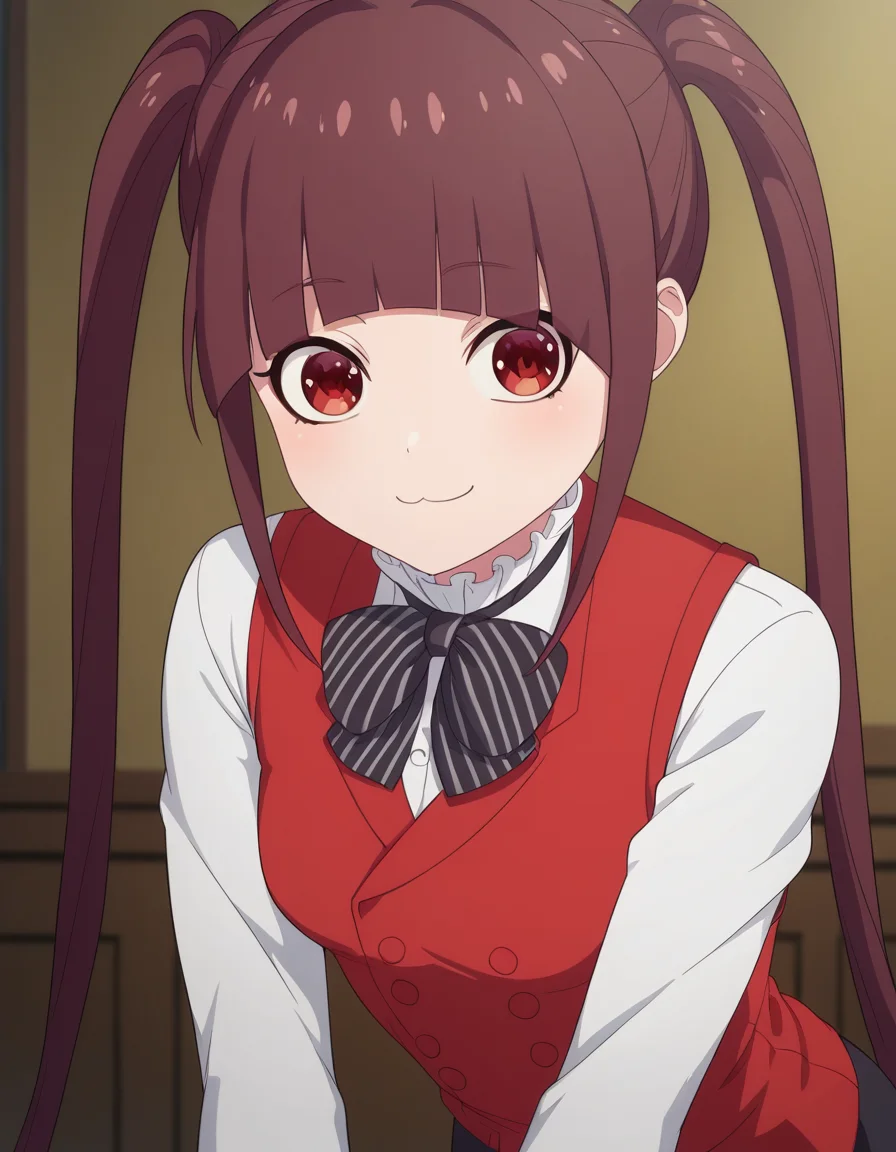 score_9, score_8_up, score_7_up, source_anime, <lora:kuromaid-viola-s3-ponyxl-lora-nochekaiser:1>, viola, long hair, bangs, brown hair, red eyes, twintails, blunt bangs, small breasts,, shirt, long sleeves, bow, white shirt, striped, bowtie, vest, black bow, red vest, buttons,, indoors, bent over, smile, looking at viewer, solo,, cowboy shot, dutch angle