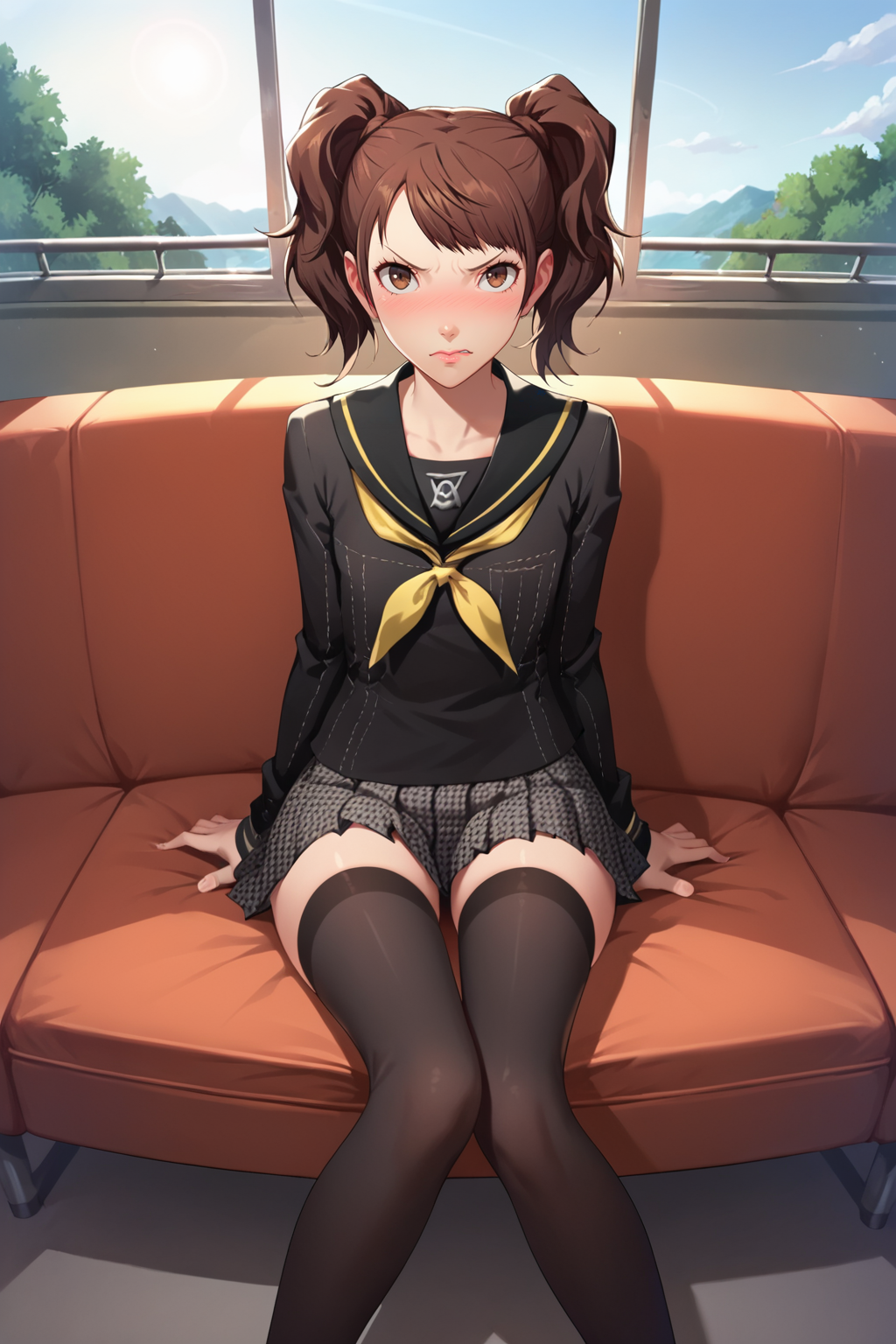 <lora:Smooth Anime 2 Style SDXL_LoRA_Pony Diffusion V6 XL:.8>, source_anime, score_9, score_8_up, score_7_up, score_6_up, score_5_up, score_4_up, BREAK, 1girl, <lora:Rise-000004:.7>, Rise Kujikawa, Persona, twintails, brown hair, brown eyes, teen, black serafuku, thighhighs, pleated skirt, small breasts, sitting, angry face, blushing