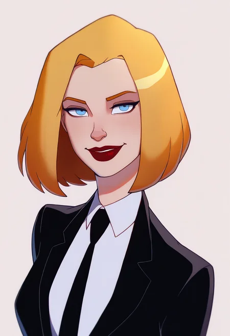 masterpiece, best quality, very aesthetic, absurdres,
1girl, agentl, blonde hair, short hair, blue eyes, red lips,
black jacket, formal, suit, necktie, white shirt,
arms behind back,
smile, solo, looking at viewer, (simple background, white background:1.3),  <lora:AgentLNoobXL_byKonan:1>