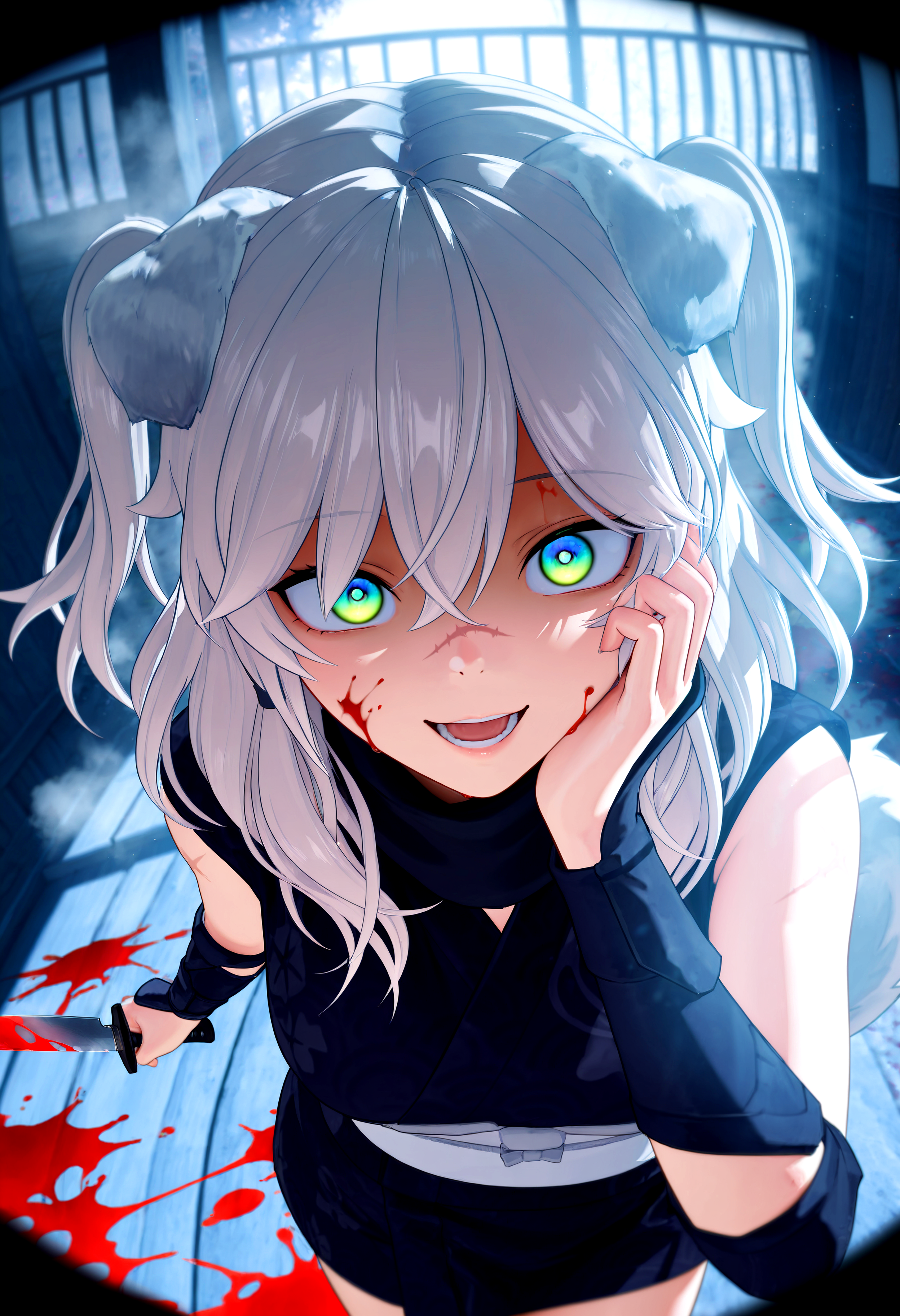 HDR, 8K, high contrast, masterpiece, best quality, amazing quality, very aesthetic, high resolution, ultra-detailed, absurdres, newest, scenery, dynamic angle, gw_karyn, 1girl, animal ears, dog ears, multicolored eyes, blue eyes, green eyes, grey hair, messy hair, bangs, hair between eyes, two side up, dog tail, scar, teeth, open mouth, blood on face, smile, crazy eyes, holding knife, hand on own cheek, upper body, kimono, ninja, japanese clothing, backlighting, from above, dutch angle, close-up, (colorful), (((blood splatter))), fisheye, fog, smoke, BREAK, photorealistic, beautiful detailed eyes, detailed skin, detailed hair, volumetric lighting, dappled light, light particles, dramatic shadows, cinematic lighting, photo background, depth of field, <lora:IL\KMS_GW_Karyn_IL:0.7>