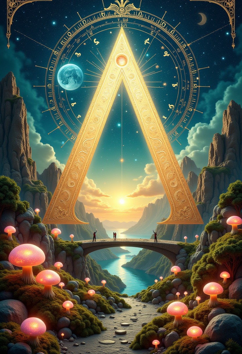 best quality, reality-shot, realism, realistic photography of a fantastical glowing Triangle with whimsical elements, magical fairytale landscape, elaborate fantasy style art, intricate details, ultra sharp, exquisite detail, flawless composition, vivid colors, masterpiece, exciting background filled with glowing flowers and mushrooms,celestial astro beauty, astronomical calendar, galaxy, crescent moon, stars