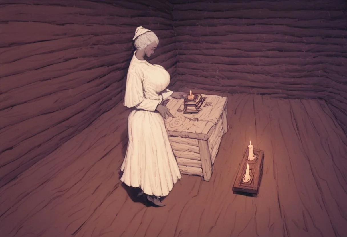 score_9, score_8_up, score_7_up, solo, female, big breasts, (1girl:1.5), hand, white robe, old cabin interior, candle, ray of light, table, (potets:1.6), standing, full body