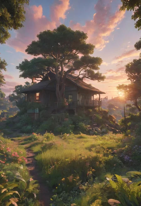 A beautiful colorful sunset sky in a style of Studio Ghibli. Rendered in Unreal Engine 5 and Award winning and Octane Render. GTA V movie stills, I Metal ). stunning cinematography, hyper detailed. IMAX 70mm anamorphic lenses shot. lush vegetation on the ground is at night time with golden ratio composition by Emmanuel Lubezki scene lighting <lora:Details:0.85>