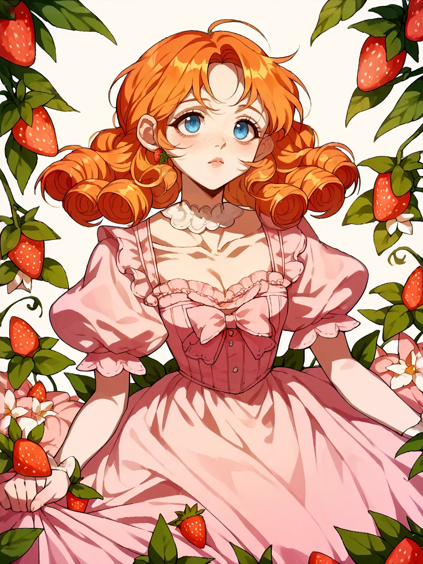 score_9, score_8_up, score_7_up, score_6_up, score_5_up, <lora:lalangheejXLP:1> lalangheej, 1girl, puffy sleeves, dress, strawberry, pink dress, ginger hair, blue eyes,