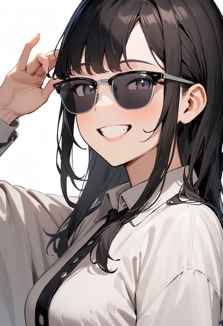 masterpiece, best quality, very aesthetic, absurdres,
1girl, solo, black hair, long hair,
sirmont, sunglasses, grey-tinted eyewear, black-framed eyewear, grey-framed eyewear, two-tone eyewear,
collared shirt, happy, smile, looking at viewer, adjusting eyewear, white background, simple background,
<lora:sunglasses_CLUBMASTER_SDXL_V1:1>