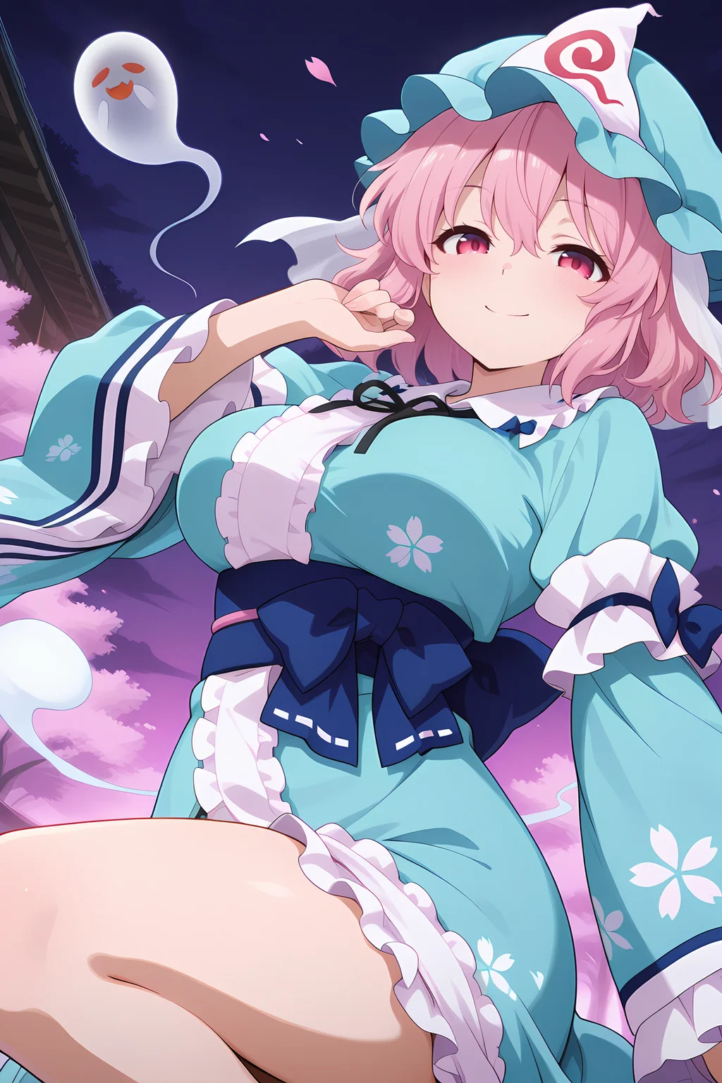 absurdres, highres, masterpiece, best quality, amazing quality, official anime artwork, screencap, anime screencap, outdoors, looking at viewer, smile, dynamic pose,
<lora:Yuyuko-Saigyouji_IllustriousV2:1> saigyouji yuyuko, 1girl, solo, pink eyes, pink hair, short hair, medium large breasts,, alternate color, aqua hat, mob cap, triangular headpiece, aqua kimono, long sleeves, wide sleeves, sash, ribbon, floral print, pink floral, ghost,
