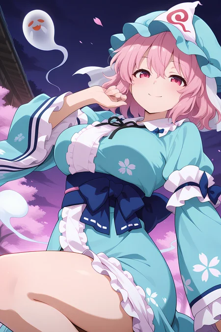 absurdres, highres, masterpiece, best quality, amazing quality, official anime artwork, screencap, anime screencap, outdoors, looking at viewer, smile, dynamic pose,  
 <lora:Yuyuko-Saigyouji_IllustriousV2:1> saigyouji yuyuko, 1girl, solo, pink eyes, pink hair, short hair, medium large breasts,, alternate color, aqua hat, mob cap, triangular headpiece, aqua kimono, long sleeves,  wide sleeves, sash, ribbon, floral print, pink floral, ghost,