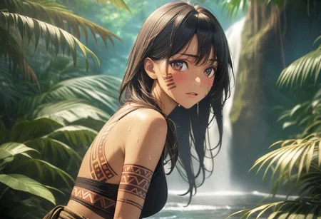 gorgeous lips, cinematic, (masterpiece), (best quality), (ultra-detailed), very aesthetic, illustration, perfect composition, intricate details, absurdres, detailed face, (anime, masterpiece, intricate:1.3), (best quality, hires textures, high detail:1.2), cowboy shot
1girl, (brown skin:1.3), tan skin, very long black hair, (messy hair:1.1),brown eyes, perfecteyes, 8k, highest quality, ultra details,( tribal girl:1.2),( tribal paint on body, tribal face paint, tribal tattoos:1.7), beaded necklace, bone necklace, bone bracelet, medium breasts, toned body, jungle,( brown fur loin cloth:1.3), barefoot.,
shy, blush, jungle setting, turned around, looking back, suprised, bathing in a waterfall, moonlight, starry sky, hair blowing in the wind, skirt blowing in the wind, running,tribal back tattoos, wet skin, wet hair, misty air, mist obscures breasts and buttocks,
,focus on girl, hunting in the jungle foliage,
BREAK, Tropical jungle, rainforest, filled with palm trees, ferns, tropical flowers, vines, a dark blue stream, small fish in the stream, night time