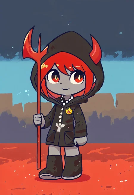score_9, score_8_up, score_7_up, BREAK
highres, highly detailed, high resolution, high quality, 
source_anime, anime screencap, saturation, vivid colors, 
1girl, solo, luce, full body, standing, demon girl,
(dark red hair:1.2), (big dark red eyes:1.1), medium hair, cute, (grey skin:1.1), (horns:1.2), 
(black raincoat:1.1), hood, black rubber boots, 
pentagram necklace, holding one red trident, (red trident:1.2)
stkyswt,
In the style of TOK,
DSP, artist:DSP, mogeko,
pikaole,
blurry background, bokeh, city ruins background, street, dust, 
(outlines:1.2),