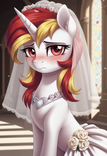 score_9, score_8_up, score_7_up, score_6_up, score_5_up, score_4_up, g4, solo, pony, feral pony, unicorn, white skin, red mane, yellow mane, red eyes, wedding dress, wedding, palace, shy, sad, blushing, look at you, cute, glare, high res,