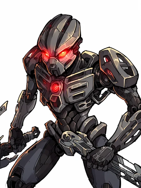 Score_9, score_8_up, score_7_up, score_6_up, Bionicle, robot, solo, red eyes, no humans, mecha, holding, white background, weapon, sketch, science fiction, glowing, open hand, holding weapon, glowing eyes, <lora:BionicleXL:1>
