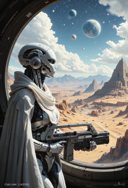 Exotic alien shock trooper, white armored robot, petite frame, armor made of smooth crystal bones, looking out spacecraft window down at another world with an extraterrestrial landscape, unreal steppe, wearing white cloak, long white hair, exotic alien space ships landing in distance, fantasy dream, starry sky with distant large planets, ancient civilization ruins in background, 8k uhd, perfectly balanced, pixar style, abstract multilayer texture, by Jeremy Mann, striking white elegant sanitary aesthetic ship design, soogsx, cyborg legs, cyborg flat breast, holding futuristic pulse rifle, <lora:FLUX - DreamArt Style:0.5> <lora:FLUX - Image Upgrader - Detail Maximizer:0.5> <lora:FLUX - ROBOT-V3:0.7> <lora:FLUX - Meets Midjourney V6.1:0.5> <lora:FLUX - Armat_M41A_Pulse_Rifle_-_Aliens:1.0>
