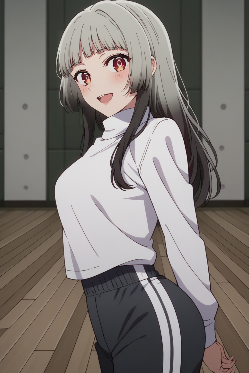 score_9, score_8_up, score_7_up, source_anime, 1girl, prefect lighting, very aesthetic, intricate details, highly detailed background, masterpiece, high quality, prefect hands, best quality, solo,
<lora:Mei_Adashino_Oshi_No_Ko_V1:.85>, KJOmei, grey hair, red eyes, sidelocks, long hair, black colored tips, blunt bangs,
long sleeves, turtleneck, track pants, untucked shirt,
arms behind back, smile, blush, looking at viewer, open mouth, from side, head tilt, leaning forward,
dancing studio, wooden floor,
(Beautiful, medium Breasts:1.2), natural breasts,