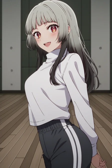 score_9, score_8_up, score_7_up, source_anime, 1girl, prefect lighting, very aesthetic, intricate details, highly detailed background, masterpiece, high quality, prefect hands, best quality, solo,
<lora:Mei_Adashino_Oshi_No_Ko_V1:.85>, KJOmei, grey hair, red eyes, sidelocks, long hair, black colored tips, blunt bangs,
long sleeves, turtleneck, track pants, untucked shirt,
arms behind back, smile, blush, looking at viewer, open mouth, from side, head tilt, leaning forward,
dancing studio, wooden floor,
(Beautiful, medium Breasts:1.2), natural breasts,