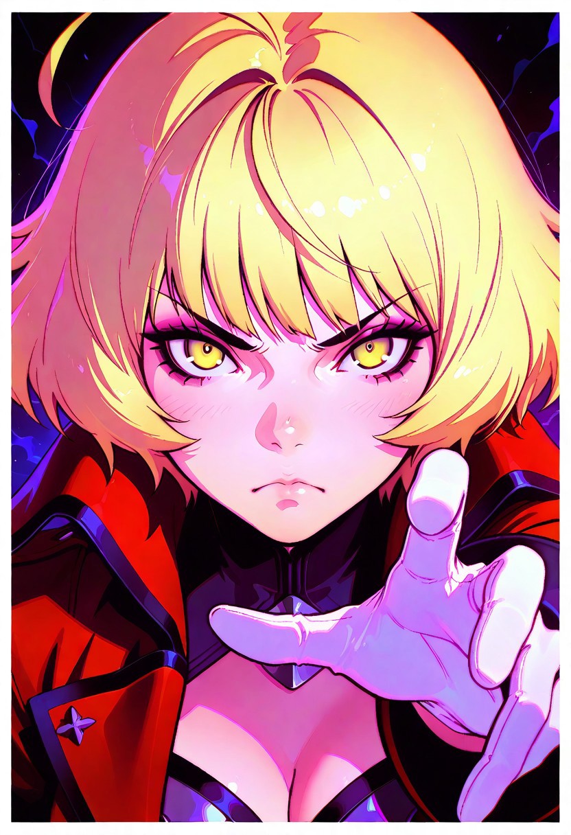 ilya kuvshinov,
masterpiece,best quality,amazing quality,
1girl,blonde hair,yellow eyes,solo,gloves,white gloves,close-up,looking at viewer,coat,frown,red coat,border,reaching out,outstretched hand,closed mouth,upper body,bangs,portrait,ahoge,serious,armor,v-shaped eyebrows,cleavage,