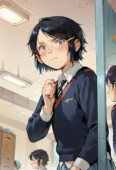 score_8, score_8_up, score_7_up, source_anime, peniparker, short hair, black hair, hair clip, hair ornament, school uniform, standing, indoors, looking at viewer, blush, embarrassed, fitting room, standing,