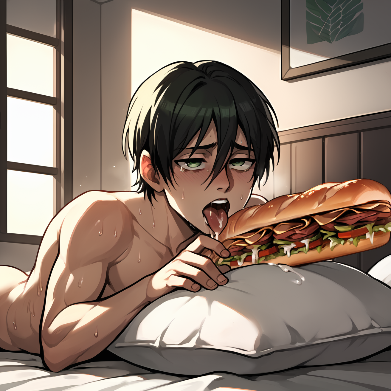 score_9, score_8_up, score_7_up, score_6_up, score_5_up, score_4_up, eren_yeager, shingeki_no_kyojin, black_hair, green_eyes mouth open begging for sandwich:1.2, eatfresh, freshcock, cum on body, full body, sweat, feral, bed, pillows, comfy, bedroom eyes, tongue, thundering, bedroom, tranquil, <lora:EatfreshPDXL:1>