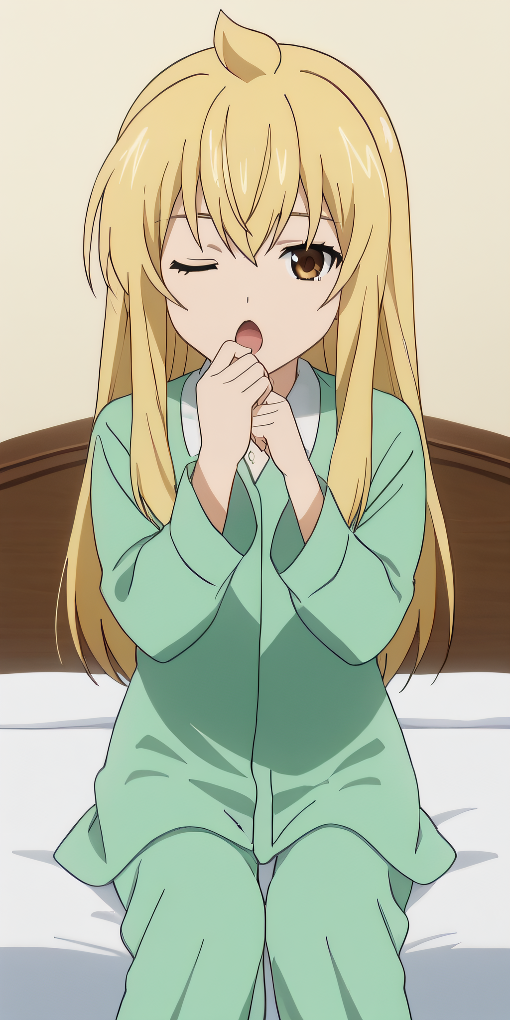 score_9, score_8_up, score_7_up, source_anime, rating_safe, intricate details, anime screencap, official style, 1girl, <lora:Minami_Chiaki:1>, chiaki, blonde hair, long hair, green pajama, collared pajama, oversized clothes, green pants, looking at viewer, expressionless, indoor, one eye closed, sitting on bed, full body, yawning, hand on mouth, open mouth