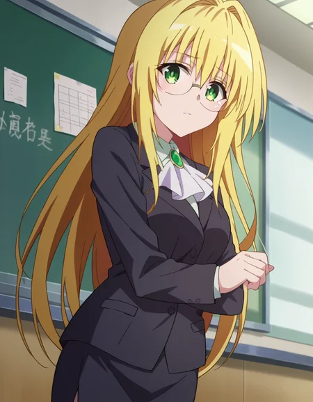 score_9, score_8_up, score_7_up, source_anime,
tearjulunatique, <lora:tearju-lunatique-ponyxl-lora-nochekaiser:1>,
tearju lunatique, long hair, blonde hair, green eyes, sidelocks, glasses,
shirt, collared shirt, white shirt, suit, formal suit, long sleeves, ascot, white ascot, gemstone, green gemstone, skirt, pencil skirt,
indoors, classroom, teaching, chalkboard,
looking at viewer, cowboy shot, dutch angle, dynamic pose,