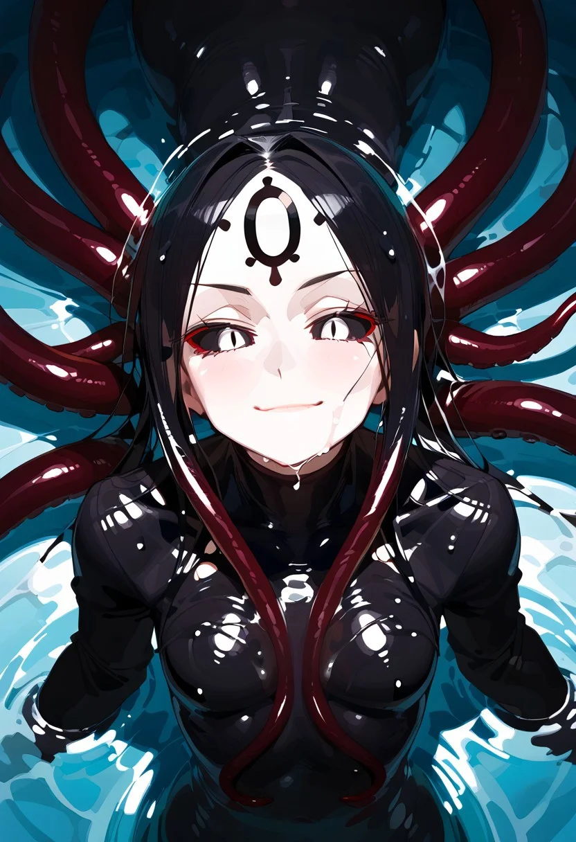 abbystea style, zPDXL2, score_9, score_8_up, score_7_up,  alien monster girl, beautiful face, tentacle hands:1.1, (inside a cave), multiple eyes, ((close up:2)), focus on face, large jellyfish head shape, multiple eyes on head, black body color, long octopus hair:1.2,  tendrils wrapped around breasts, black body, extremely detailed, skin texture, glistening body, small breasts, red scales on body, dripping wet body, oiled, long sleeves, white face, (big ass:0.4), black sclera, (shining white eyes), emerging from water, monster body, black sclera, glossy eyes, arching back, seductive smirk, wicked smile, Expressiveh, from above, mature woman