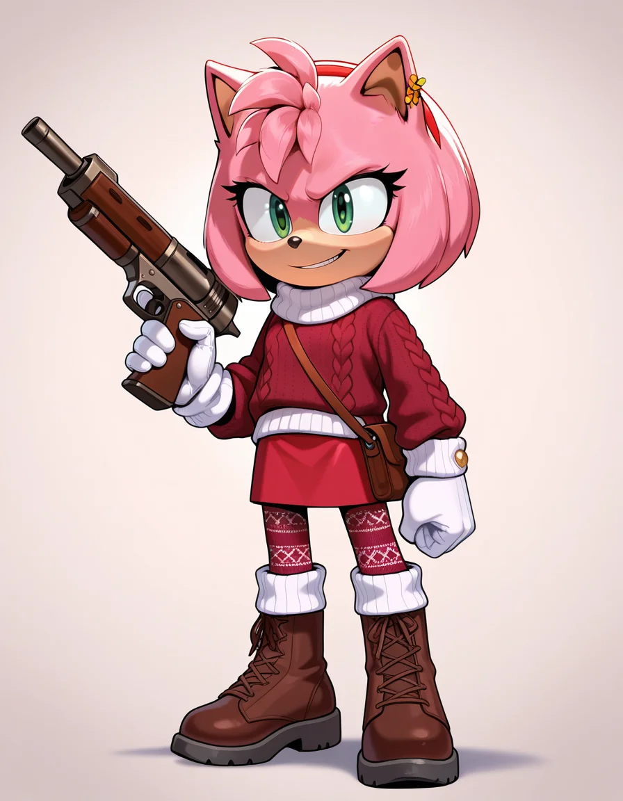 1girl, solo, full body, no humans,
<lora:Movie-Amy:1> movieamy, pink fur, green eyes, animal nose, body fur, hedgehog tail, petite, short legs, short hair, bob cut,
white gloves, mori girl, knit sweater, flared skirt, patterned pantyhose, satchel, leaf pin,
holding gun, cowboy shot, serious expression, extremely detailed, highres, masterpiece, best quality