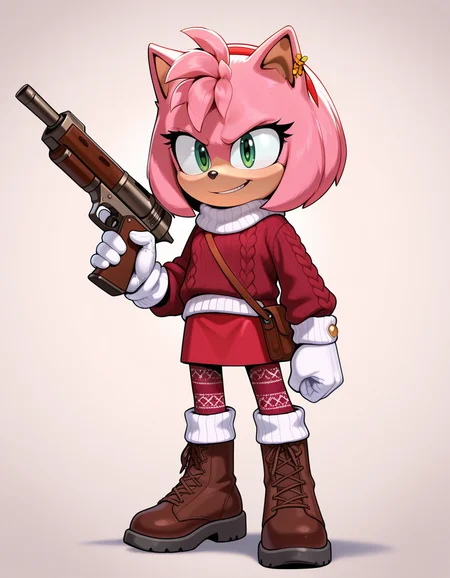 1girl, solo, full body, no humans,
<lora:Movie-Amy:1> movieamy, pink fur, green eyes, animal nose, body fur, hedgehog tail, petite, short legs, short hair, bob cut,
white gloves, mori girl, knit sweater, flared skirt, patterned pantyhose, satchel, leaf pin,
holding gun, cowboy shot, serious expression, extremely detailed, highres, masterpiece, best quality