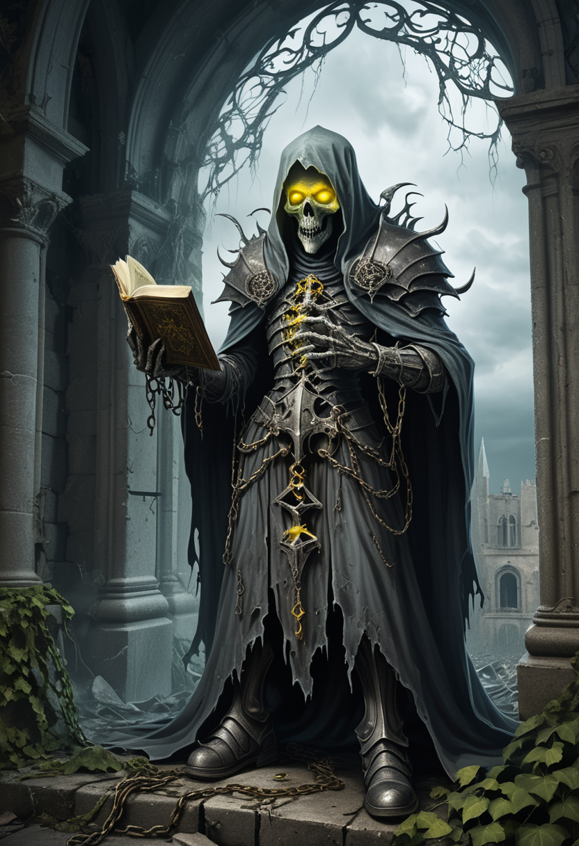 (medium full shot) of (eerie lich) with yellow eyes, wearing a shadowy gray enchanted clothing, armored boots, clutching a arcane tome with chains, surrounded by surrounded by a sinister aura, set in  a ruined abandoned castle, where ivy climbs the crumbling walls and the air is filled with the sound of wind whistling through broken windows, during a storm, ,Masterpiece,best quality, raw photo, realistic, very aesthetic