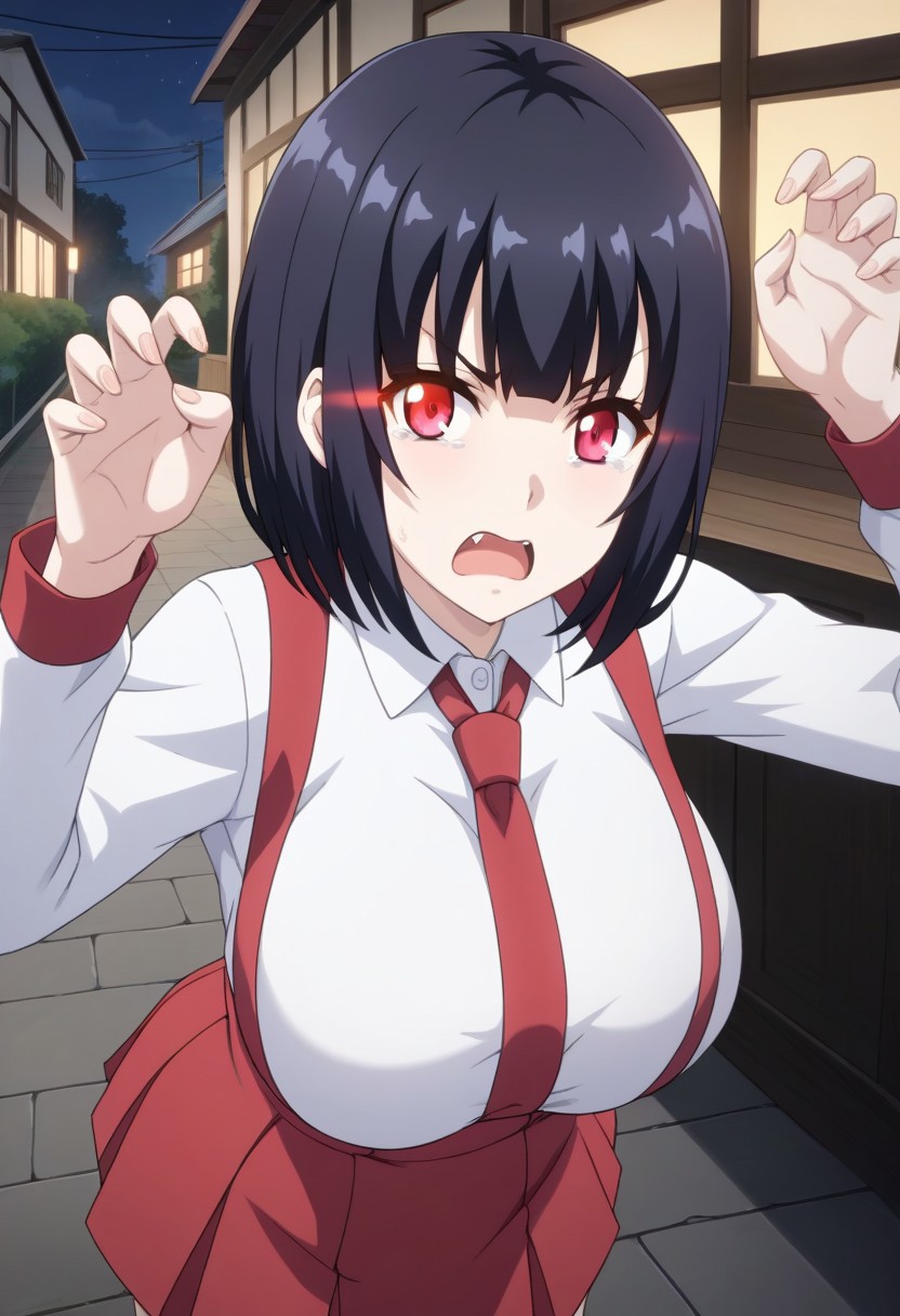 score_9,score_8_up,score_7_up,score_6_up, source_anime, BREAK, 
Hiraki Hanako, solo, (huge breasts), pale skin, short hair, black hair, bangs, glowing eyes, red eyes, fangs, school uniform, collared shirt, white shirt, long sleeves, high-waist skirt, suspenders, red skirt, mini skirt, white socks, loafers, 
open mouth, angry, frown, tears, (tear drops), 
looking at viewer, (face shot), (dynamic angle), crows pose, five fingers, 
outdoors, (at night:1.3),