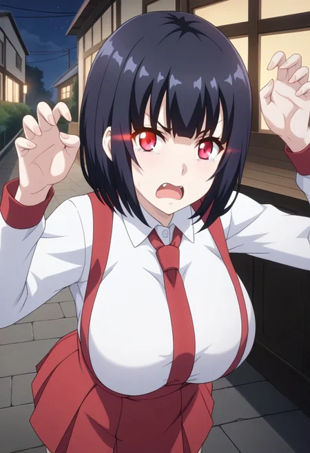 score_9,score_8_up,score_7_up,score_6_up, source_anime, BREAK,
Hiraki Hanako, solo, (huge breasts), pale skin, short hair, black hair, bangs, glowing eyes, red eyes, fangs, school uniform, collared shirt, white shirt, long sleeves, high-waist skirt, suspenders, red skirt, mini skirt, white socks, loafers,
open mouth, angry, frown, tears, (tear drops),
looking at viewer, (face shot), (dynamic angle), crows pose, five fingers,
outdoors, (at night:1.3),