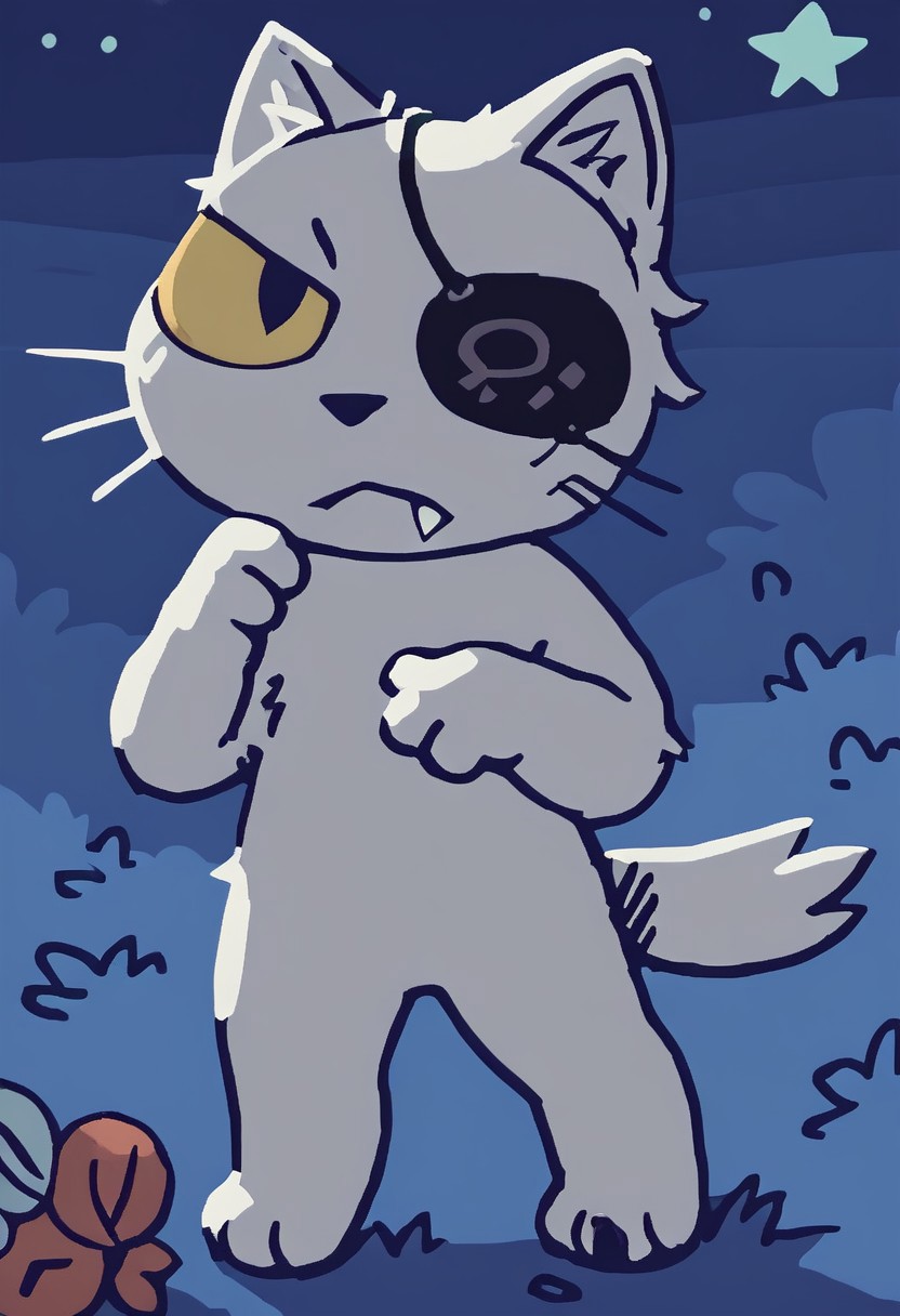 score_9, score_8_up, score_7_up, hi res, 4k, detailed, pixeloxizn, white body, white fur, yellow sclera, cat, ears, whiskers, nose, tail, short, mouth closed, eyepatch, fang, solo, background, night, stars, standing, solo, cute