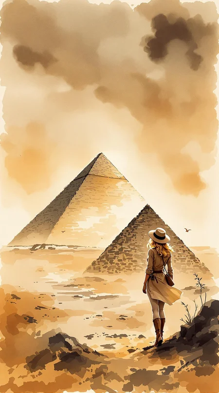 expressive watercolour ink wash, intricate linework with expressive contrasts, soft lighting with dynamic highlights, image of a dusty desert with a 1930s female explorer, blonde hair, safari hat and jacket, standing looking up at an Egyptian pyramid, silhouetted at sunset, sparse clouds
