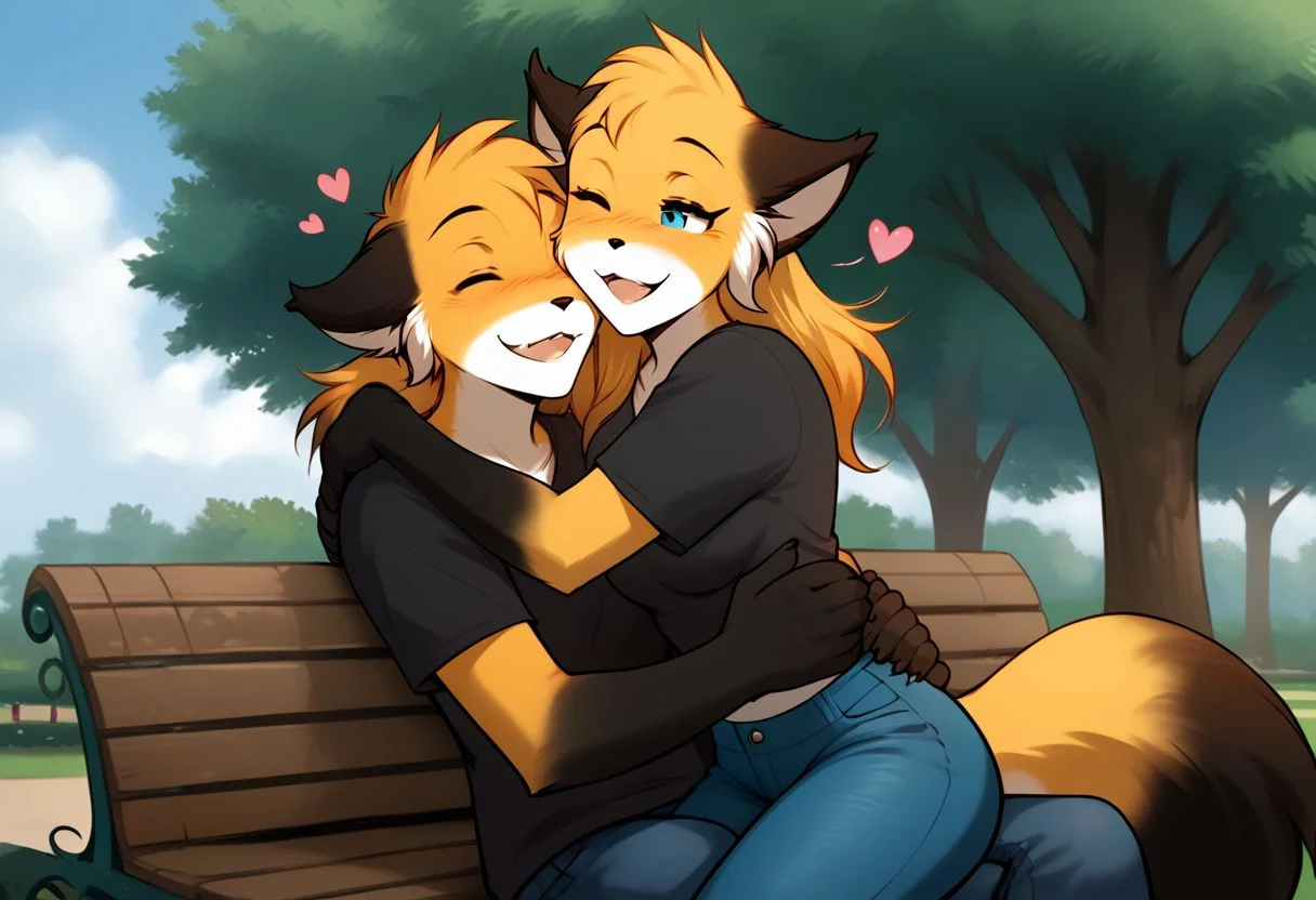 score_9, score_8_up, score_7_up, score_6_up, source_furry, rating_explicit, duo, duo focus, anthro male fox, fox, anthro, Perfect Hands, 1boy, happy expression, happy smile, park, Sitting on a bench, thin waist, flat stomach, lean, eyes contact, black T-shirt, jeans, hugging
BREAK
score_9, score_8_up, score_7_up, score_6_up, source_furry, rating_explicit, duo, duo focus, female, mike-twokinds, Perfect Hands, 1girl, happy expression, laughing, park, Sitting on the guy's lap, thin waist, flat stomach, lean, eyes close, furry fox paws, white T-shirt, cute shorts, floating hearts, medium breasts, hugging