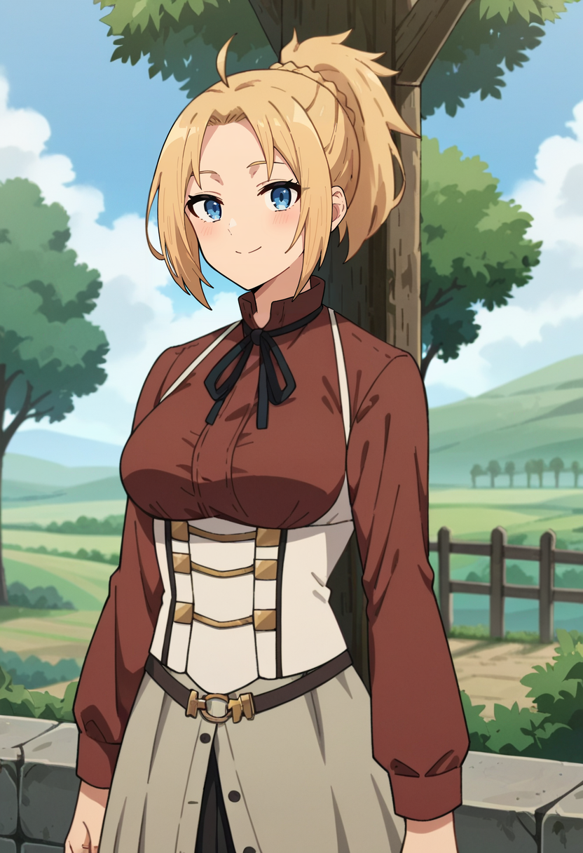 score_4, score_5, score_6, score_9, score_8_up, score_7_up, source_anime,
<lora:MushokuTensei_ZenithGreyratXL:0.8>, ZenithGreyrat,
1girl, closed mouth, light smile, light blush,
blonde hair, ponytail, ahoge, blue eyes, parted bangs,
brown shirt, neck ribbon, long sleeves, suspenders, white corset, grey skirt, belt, 
standing, looking at viewer,
outdoors, scenery, tree, medieval, stone, fence
