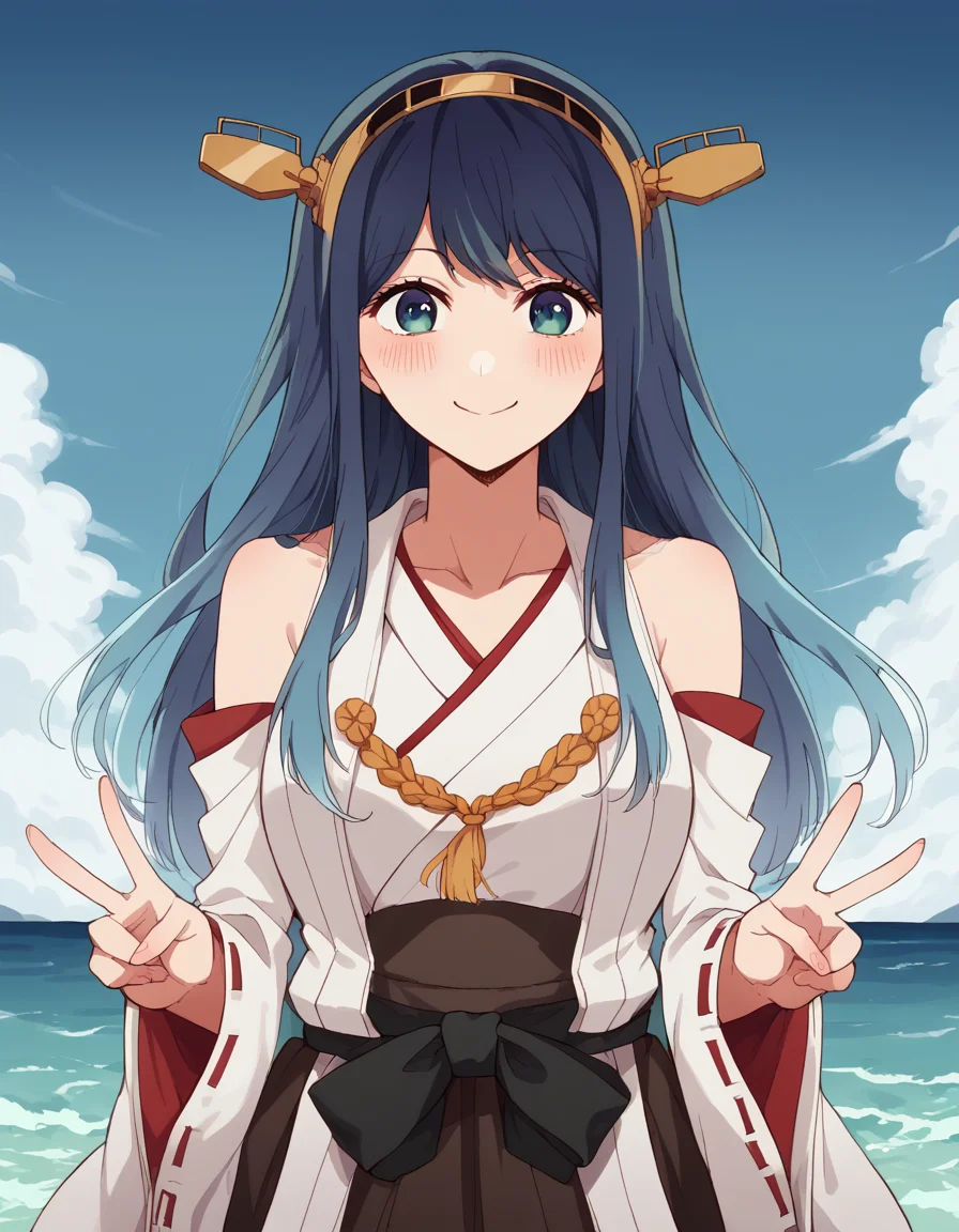 score_9, score_8_up, score_7_up, source_anime, <lora:akane-kurokawa-s2-ponyxl-lora-nochekaiser:1>, akane kurokawa, long hair, bangs, blue eyes, large breasts, black hair, blue hair, multicolored hair, gradient hair,, <lora:kancolle-kongou-cosplay-ponyxl-lora-nochekaiser:1>, kancolle kongou cosplay, kongou (kancolle) (cosplay), kongou pose, nontradional miko, cosplay, ribbon-trimmed sleeves, ribbon trim, bare shoulders, headgear,, ocean, smile, blush, blue sky, v, cowboy shot, looking at viewer,