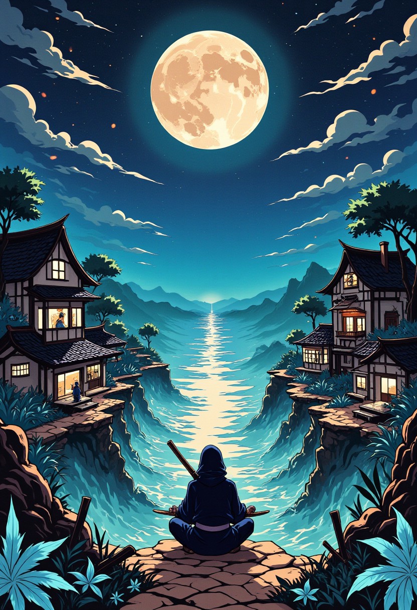 In a mysterious twilight village, ninjas and elemental guardians maintain a hidden balance between nature and technology, fusing the graceful, traditional ink art of ancient Japan with cybernetic aesthetics, intricate patterns, and a mesmerizing interplay of light and shadow that whispers of forgotten lore.
, aidmaIllustriousStyle